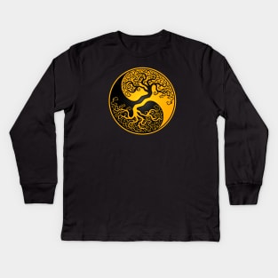 Yellow and Black Tree of Life Yin Yang Kids Long Sleeve T-Shirt